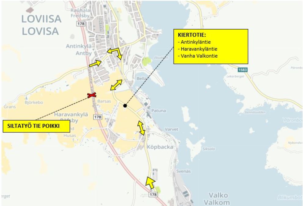 Valkontie katkaistaan Marbäckin sillan kohdalta  kello 21  viikonlopun ajaksi - Loviisan kaupunki